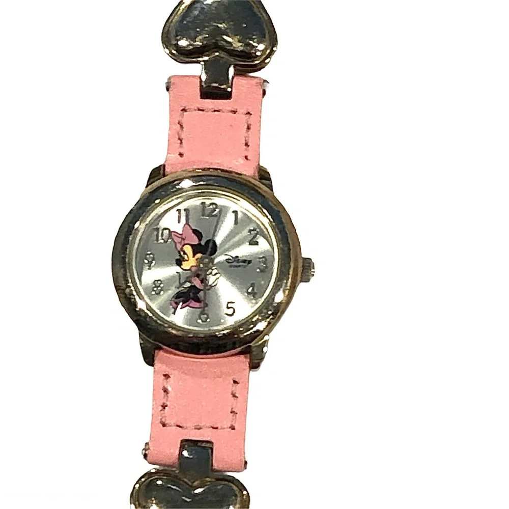 DISNEY MINNIE MOUSE WATCH WITH PINK LEATHER & SILVER METAL HEARTS BAND